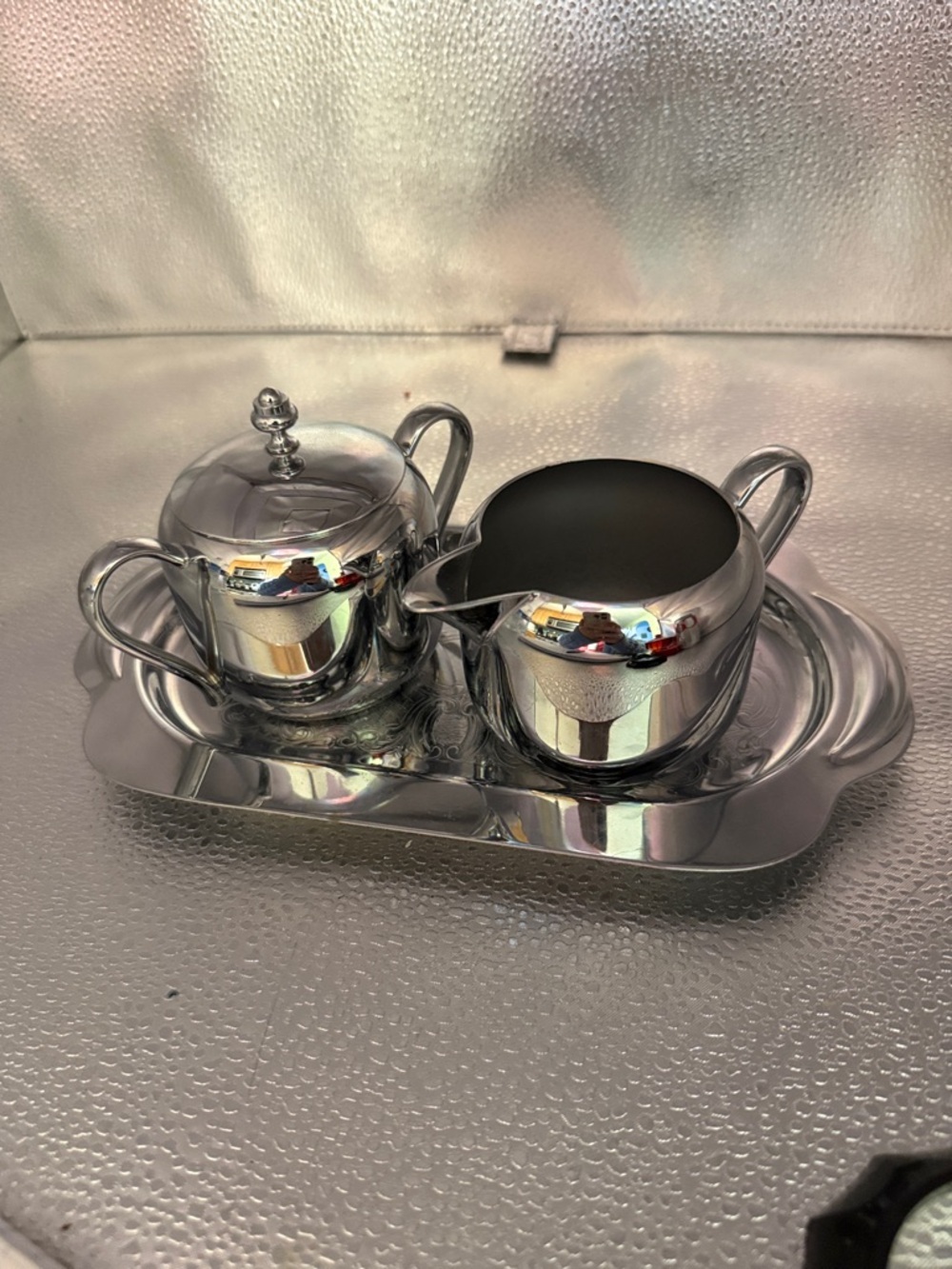 Vintage Silver plate over a base metal Creamer and Sugar Set with Tray - Silver